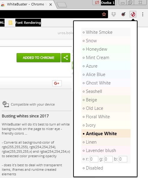 WhiteBuster extension for Google Chrome menu