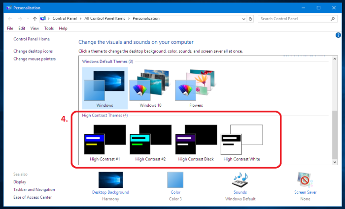Windows 10 change colors select a high contrast theme